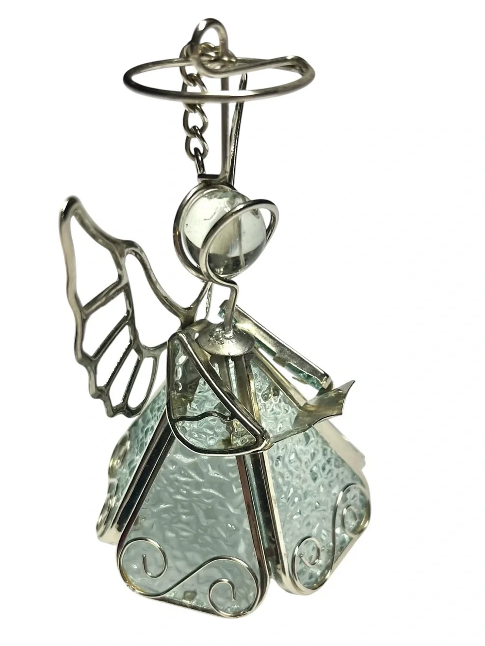 Vtg Silver Textured Glass Chior Angel Christmas Ornament Singing 4”+Hanger/chain
